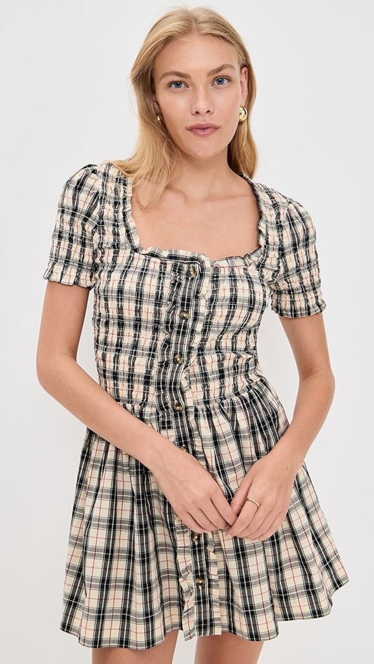Damson Madder Mansi Plaid Organic Cotton Ruffle Floral Mini Dress Size 8 NWT